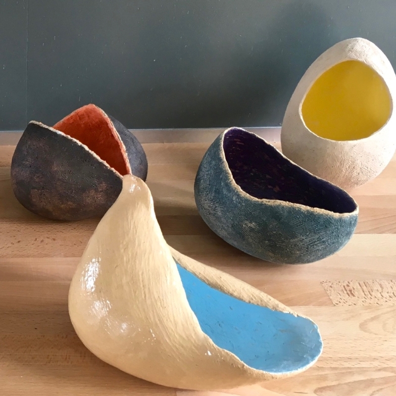 4 Shell form pots Crank, oxide washes and coloured slip. 2019